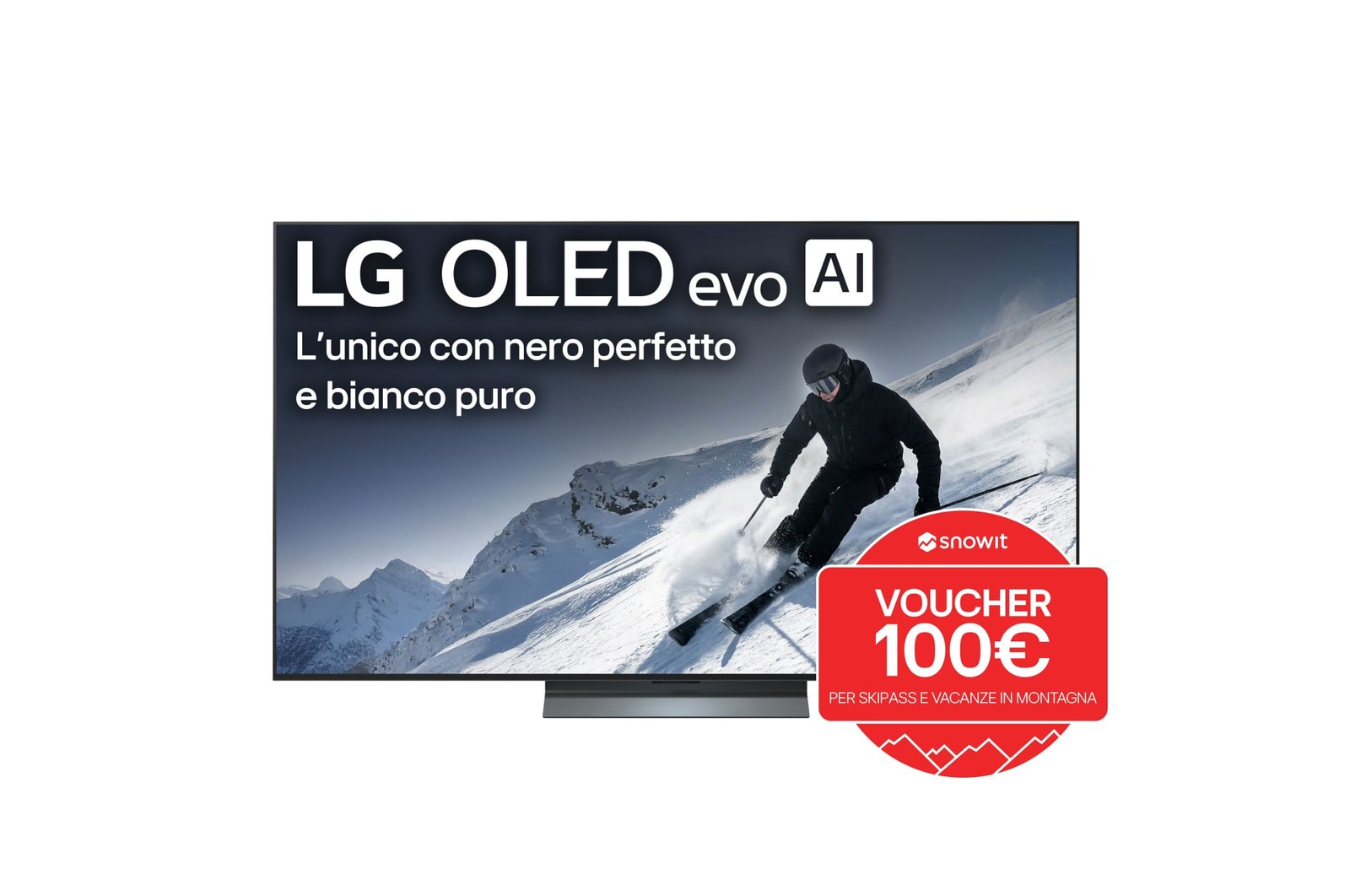 Vista frontale di una TV 65 pollici LG OLED evo AI C5 4K Smart TV 2025 OLED65C5ELB con bollo promozione